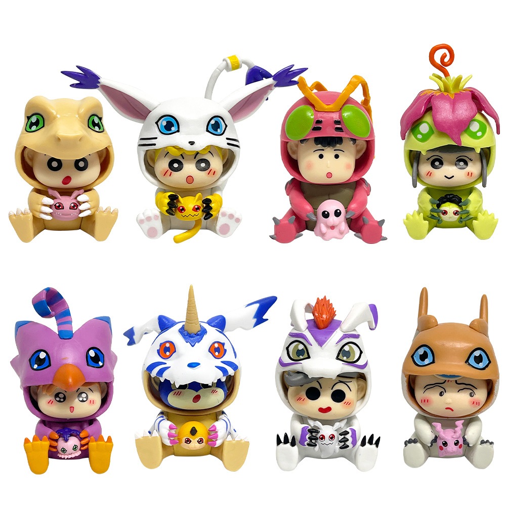 8 ชิ้น/เซ็ต 8 ซม.อะนิเมะ Crayon Shin-chan Cross Dressing Digimon ผจญภัย Gabumon Tailmon Agumon Piyomon รุ่น Q PVC ตัวเลขการกระทําตุ๊กตาของเล่น