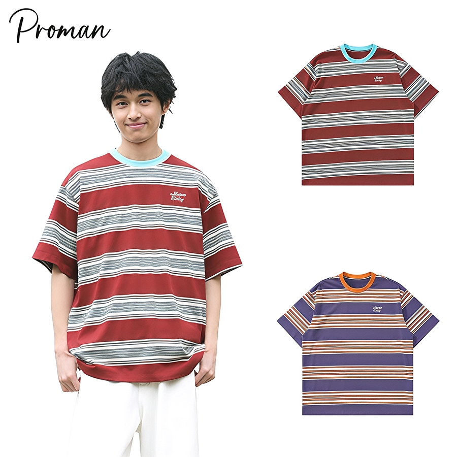 ⚡ProMan⚡เสื้อยืดลายทางผู้ชาย  สีต่อ  คอกลมแขนสั้น  ลำลอง  แบบหลวม