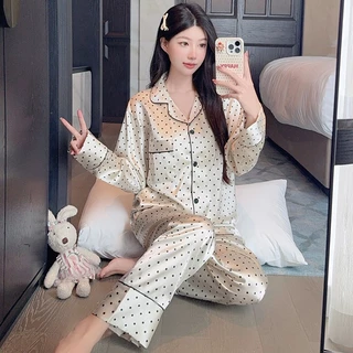 Lapel Polka Dot พิมพ์ชุดนอนแขนยาวกางเกง Loungewear ผู้หญิงฤดูร้อน Pa