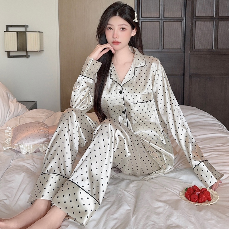 Lapel Polka Dot พิมพ์ชุดนอนแขนยาวกางเกง Loungewear ผู้หญิงฤดูร้อน Pa