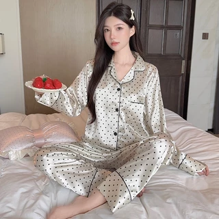 Lapel Polka Dot พิมพ์ชุดนอนแขนยาวกางเกง Loungewear ผู้หญิงฤดูร้อน Pa