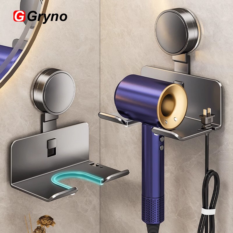 Gryno ผู้ถือเครื่องเป่าผมถ้วยดูดไม่เจาะติดผนังReusable Hook Rackสําหรับห้องน้ํา