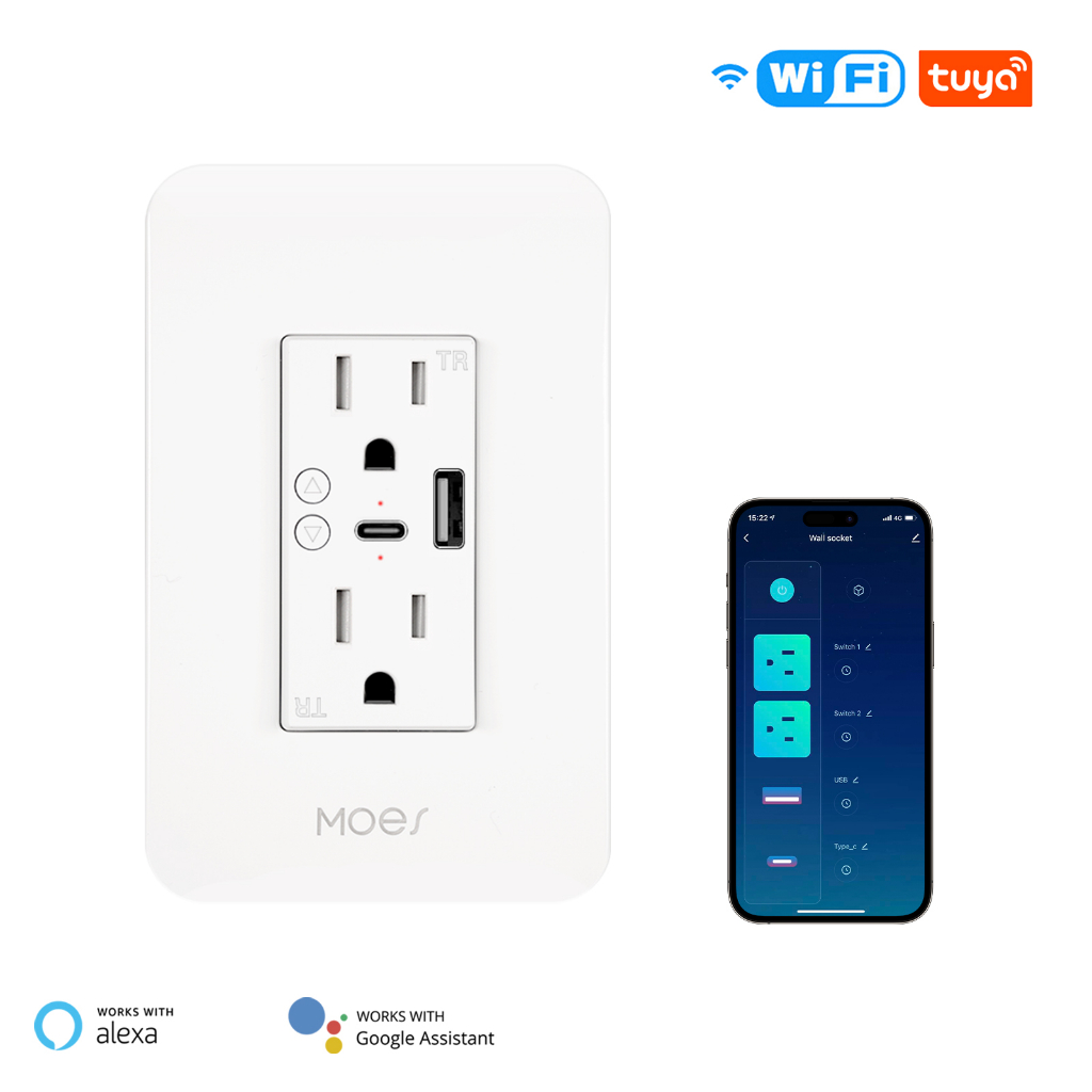 WiFi Smart Power Wall Socket พร้อม Type C และ USB Dual Outlet Plug Power Outlets รองรับ Alexa Google Home