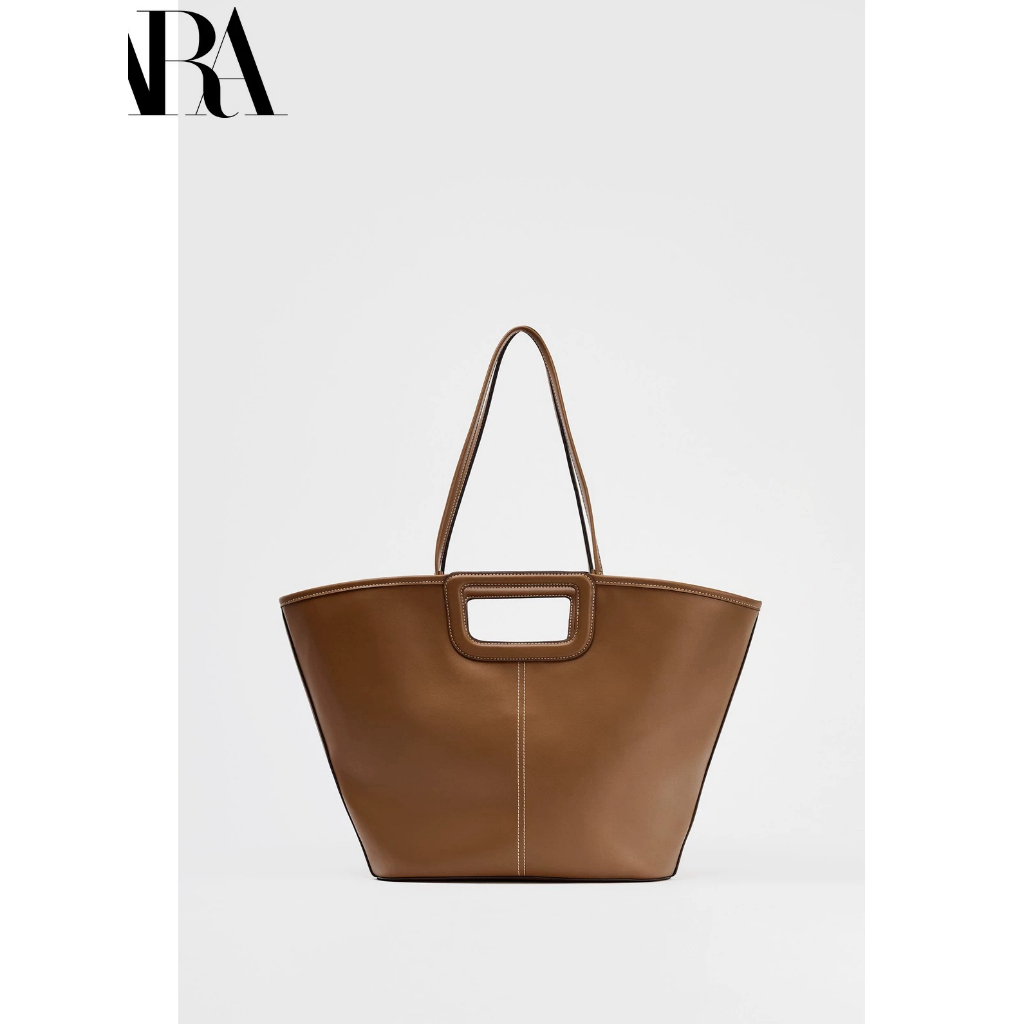 Zara2025 กระเป๋าโท้ทผู้หญิง กระเป๋าถือสีน้ําตาลความจุขนาดใหญ่