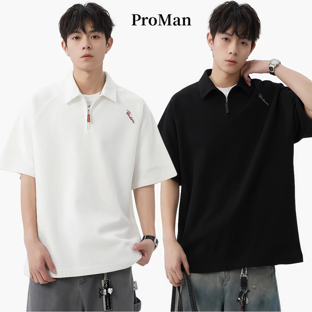 ⚡ProMan⚡เสื้อโปโลผู้ชายฤดูร้อน เสื้อซิปครึ่ง สีล้วน เรียบง่าย คลาสสิกแมทช์ลุคง่าย