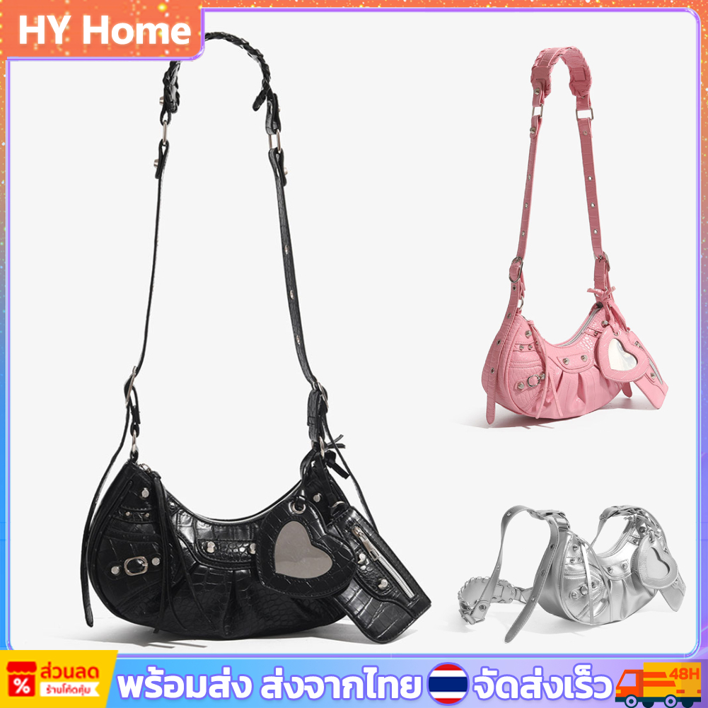 หมุดย้ํา ย2เค กระเป๋าสไตล์พังก์ครึ่งดวงจันทร์กระเป๋าที่มีกระเป๋าสตางค์ขนาดเล็กและกระจกหัวใจแฟชั่นกระเป๋าถือใต้วงแขนกระเป๋าสําหรับผู้หญิงแ