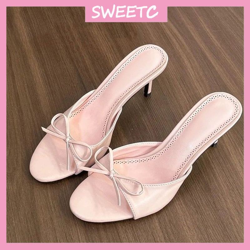 SWEETC รองเท้าสําหรับผู้หญิงแฟชั่นเปิดนิ้วเท้าโบว์ Stiletto รองเท้าส้นสูง