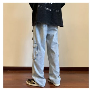 Breeze Jeans กางเกงยีนส์คาร์โก้ผู้ชาย denim สีฟ้า ประดับหลายกระเป๋า high street ทรงตรงล้างน้ำ บุคลิกภาพ baggy jeans