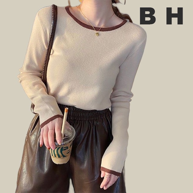 Bh เสื้อยืดแขนยาว คอกลม สีตัดกัน แฟชั่นฤดูใบไม้ร่วง ฤดูหนาว สไตล์เกาหลี สําหรับผู้หญิง
