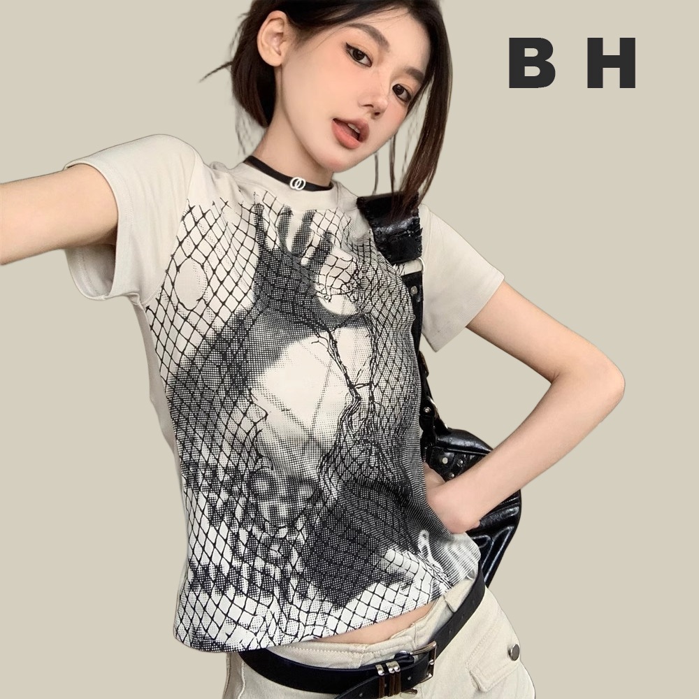 Bh เสื้อยืดคอกลม แขนสั้น ผ้าฝ้าย พิมพ์ลายหิน สีดํา และสีขาว สไตล์วินเทจ สําหรับผู้หญิง