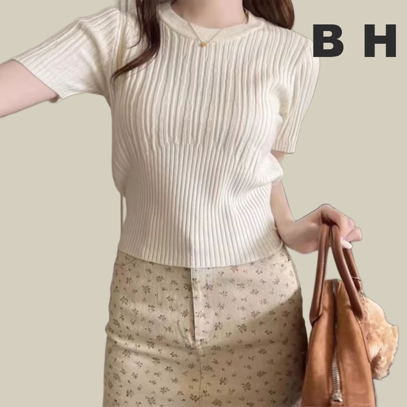 Bh เสื้อถัก แขนสั้น เปิดไหล่ ผ้าเรยอน ทรงสลิมฟิต สําหรับผู้หญิง