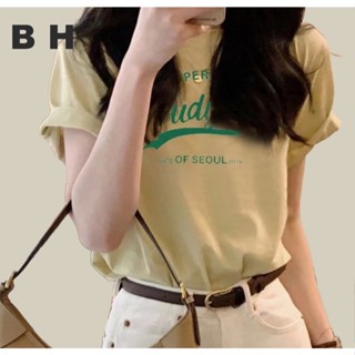 เสื้อยืดคอกลม แขนสั้น ผ้าฝ้าย พิมพ์ลายตัวอักษร สีเขียว แบบเข…