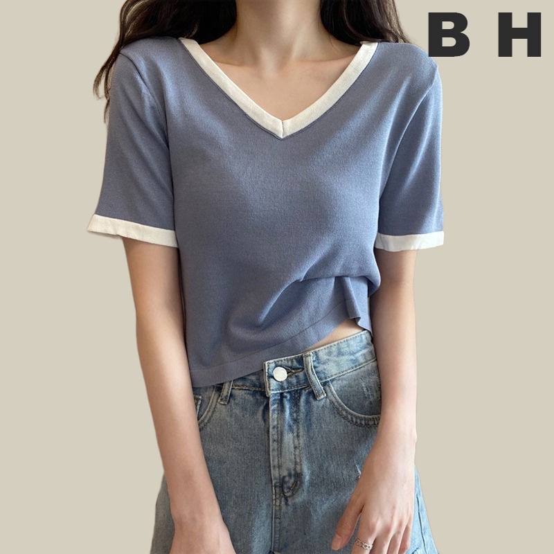 IELGY เสื้อยืดแขนสั้นคอวีเอวผ้าฝ้ายสีขาวสําหรับผู้หญิง