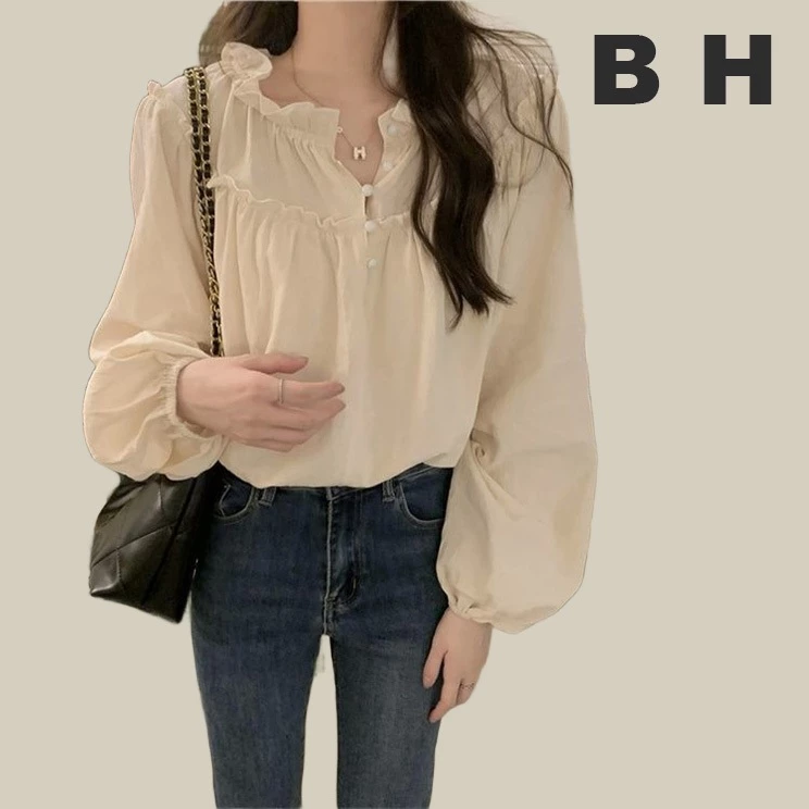 Bh เสื้อเบลาส์ แขนยาว คอกลม ทรงหลวม สไตล์วินเทจ สําหรับผู้หญิง