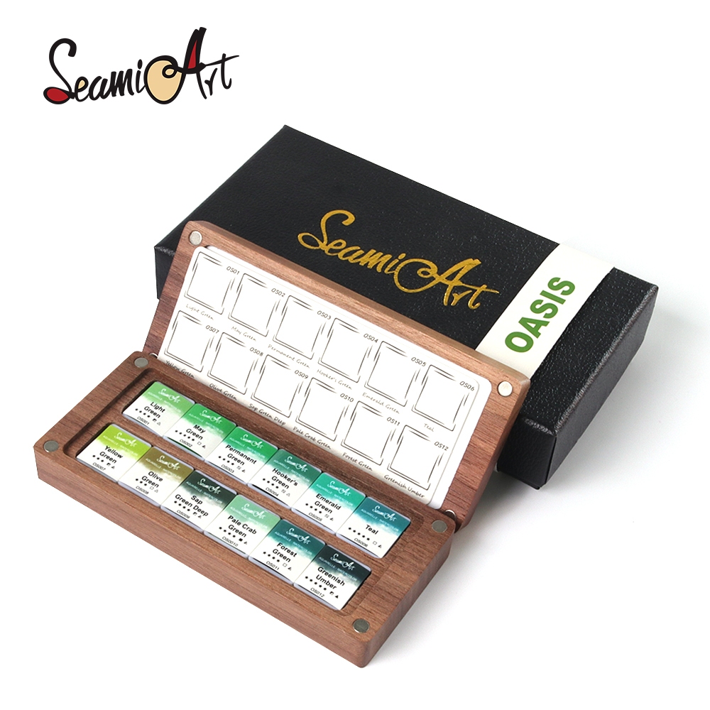 SeamiArt 12 สี Oasis Professional Solid สีน้ําชุดโทนสีเขียวพร้อมวอลนัทภาพวาดกล่อง Palette