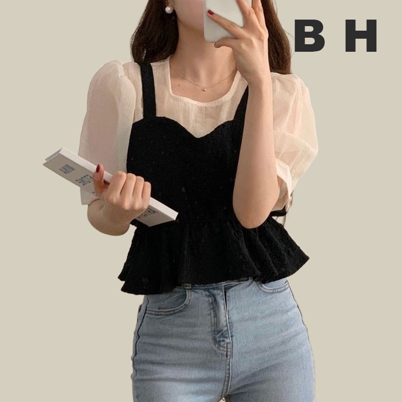 Bh ผู้หญิงเกาหลี ฟอง แขนสั้น ด้านบน คอเหลี่ยม สีประกบ ปลอม สองชิ้น