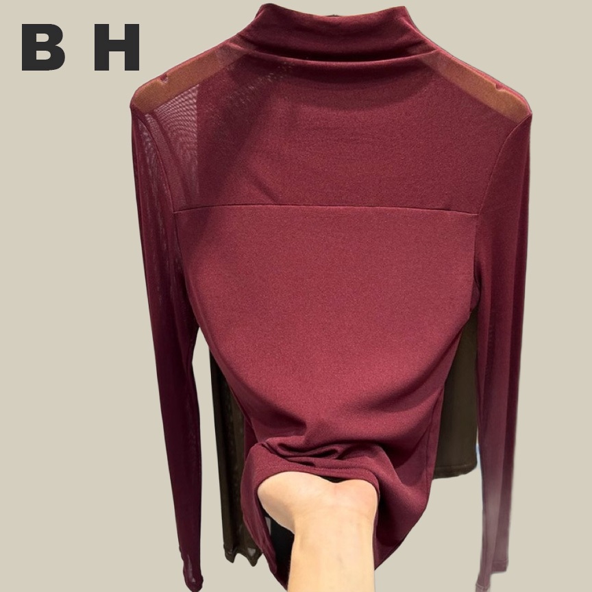 Bh Autumn Winter เสื้อยืดแขนยาวผ้าโปร่งคอสูงครึ่งตัวของผู้หญิงบางเข้ารูปภายในพร้อมเสื้อเชิ้ตฐาน