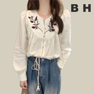 Bh เสื้อเชิ้ตแขนยาว คอวี ปักลาย ทรงหลวม สไตล์วินเทจ แฟชั่นฤด…