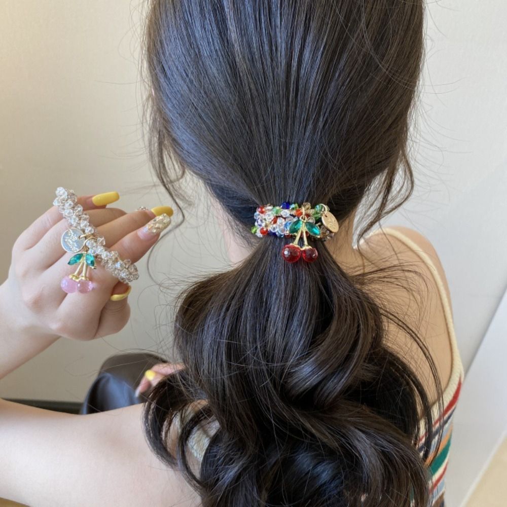 Youmoot เชอร์รี่สร้อยข้อมือ, เชอร์รี่ พลอยเทียม คริสตัลเชือกผม, เก๋หรูหราสองวัตถุประสงค์เสน่ห์ผู้ถือผมหางม้าอุปกรณ์ผม - รูปที่ 4