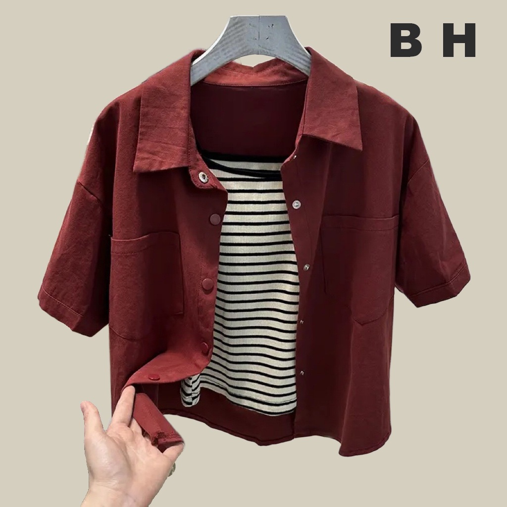 Bh เสื้อแจ็กเก็ต คอปกโปโล แขนสั้น ผ้าฝ้าย สีพื้น ทรงหลวม สไตล์เกาหลี สําหรับผู้หญิง (เสื้อโค้ทเดี่ยว)