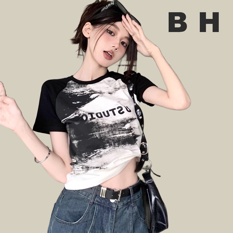 Bh เสื้อยืดแขนสั้นมัดย้อมวินเทจผู้หญิงอเมริกันผ้าฝ้ายพร้อมไหล่และคอกลมทรงเข้ารูป