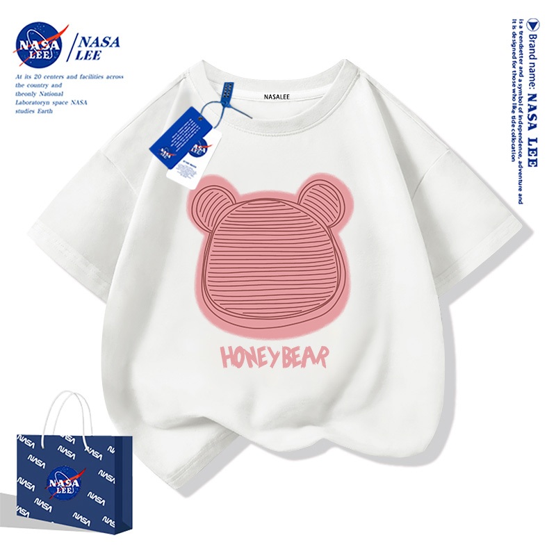 [ในสต็อก] เด็กผ้าฝ้ายแขนสั้นเสื้อยืดนาซ่าสีชมพูหมีพิมพ์เทรนด์ฤดูร้อนน่ารัก