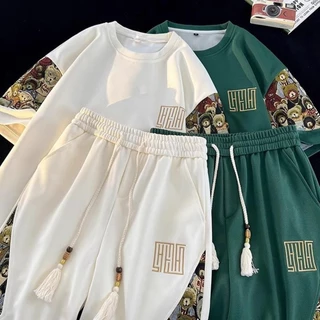 ชุดเสื้อยืดและกางเกงขาสั้นลำลอง แฟชั่นฤดูร้อน ทรงหลวม อเนกประสงค์ สำหรับผู้ชาย เซ็ต 2 ชิ้น ชุดเซ็ทผู้ชาย เสื้อยืดผู้ชาย