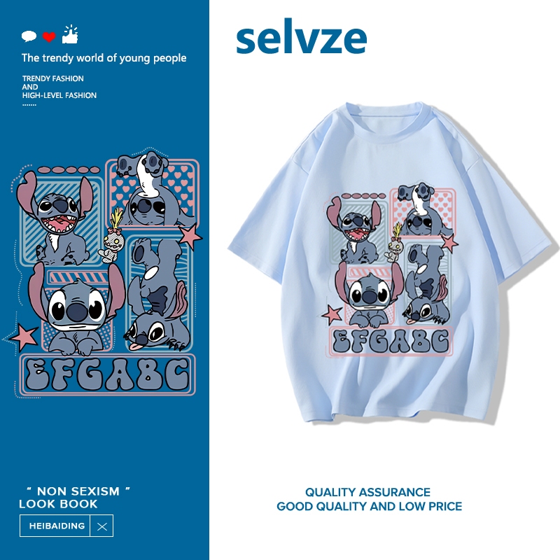 SELVZE（จัดส่งตลอด 24 ชั่วโมง） Printed T-shirt，ลายน่ารัก Stitch ผ้าฝ้าย100 oversize I003804