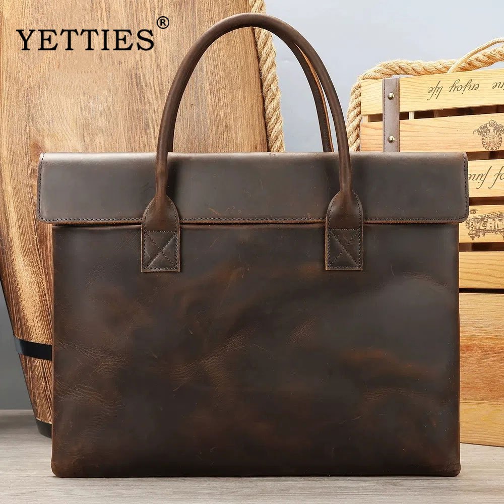 YETTIES Retro Mens Briefcase กระเป๋าถือหนังแท้ Top Layer Cowhide กระเป๋าแท็บเล็ต Slim 15- นิ้วแล็ปท็อป
