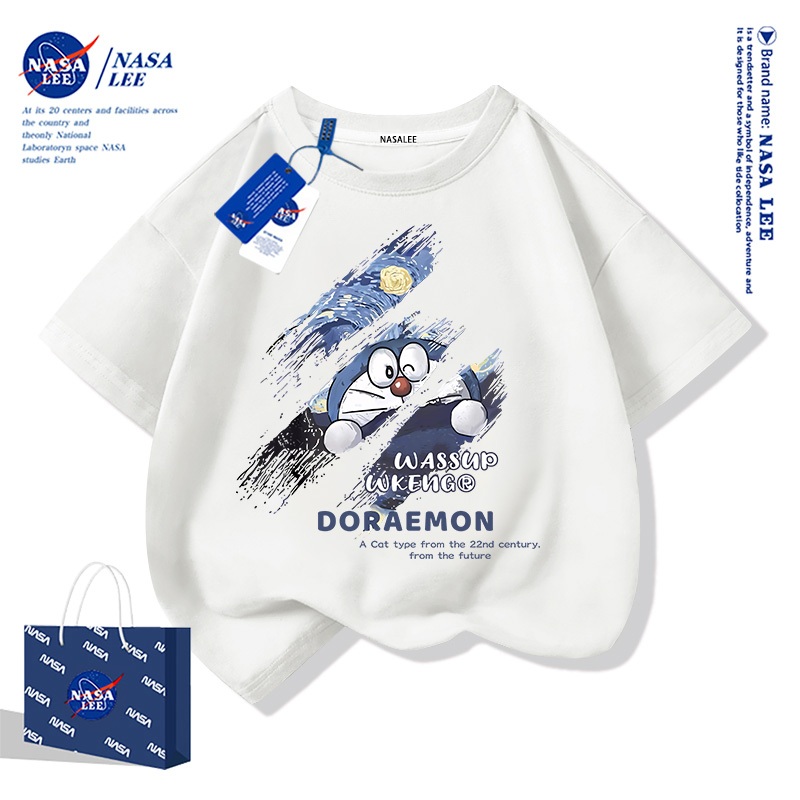 [ในสต็อก] เด็กเสื้อยืดแขนสั้นนาซ่าผ้าฝ้ายโดราเอมอนการ์ตูนพิมพ์ฤดูร้อนหลวมและระบายอากาศได้