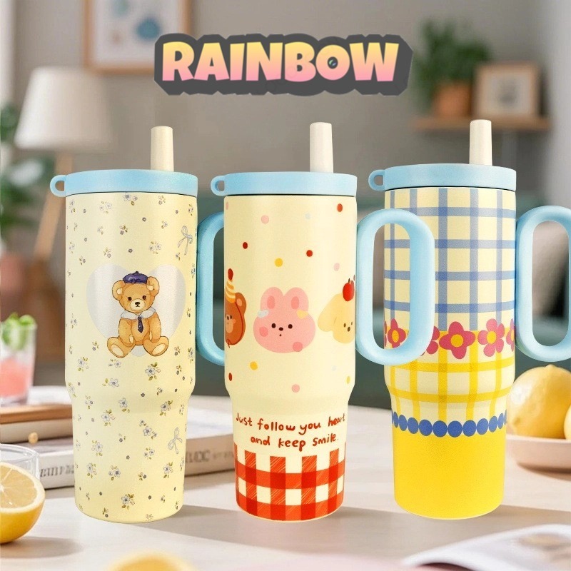 RAINBOW CUP แก้วน้ํา แก้วสแตนเลส ถ้วยใส่น้ำแข็ง แก้วการ์ตูนมีหลอดพร้อมที่จับ SUS316 750ml