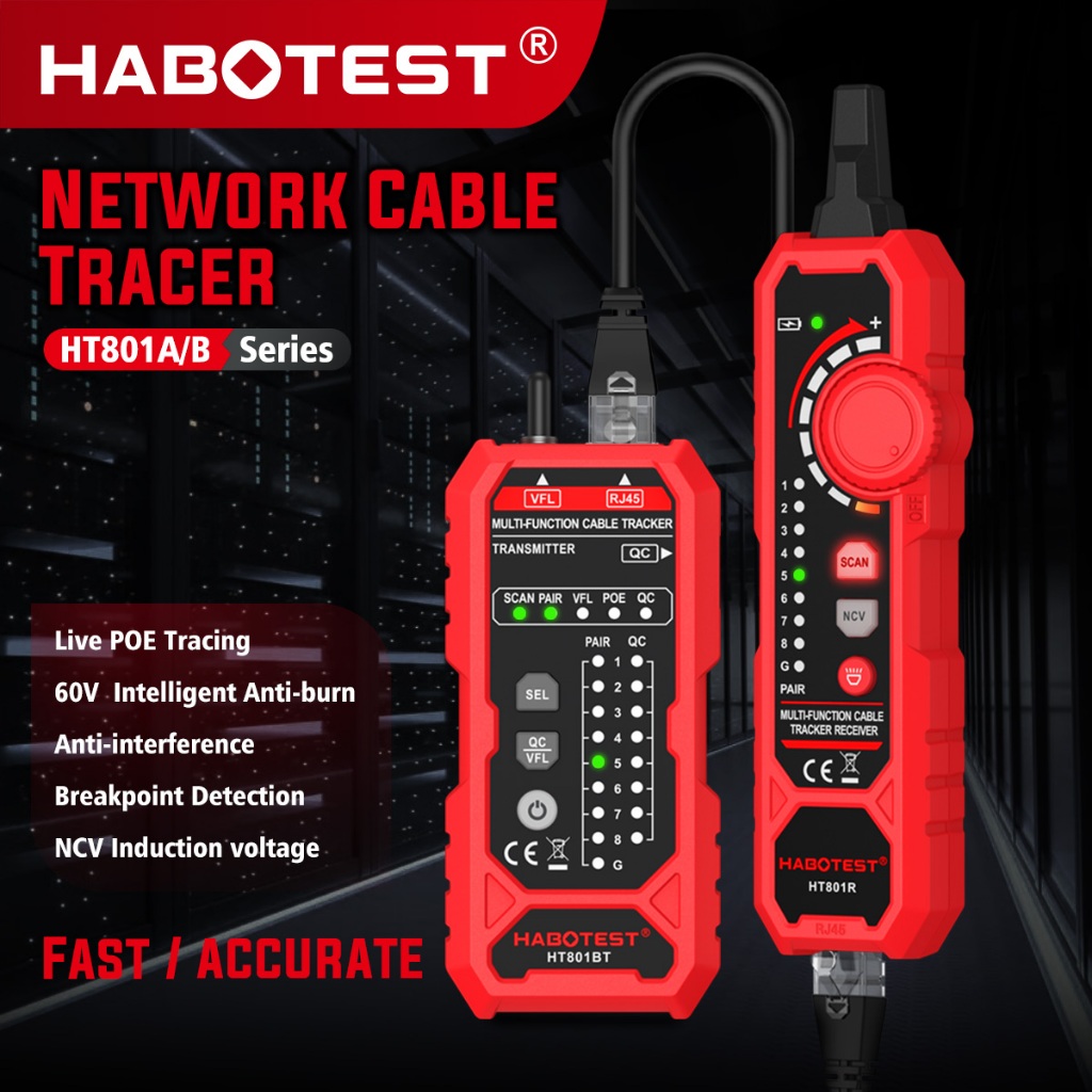 HABOTEST HT801AB เครื่องทดสอบสายไฟ RJ45 RJ11 สาย Tracker Line Finder มัลติฟังก์ชั่ลวด Tracker Ethernet LAN เครือข่าย Cat5 Cat6 พร้อมหูฟัง NCV Multi-ความถี่ Pulse