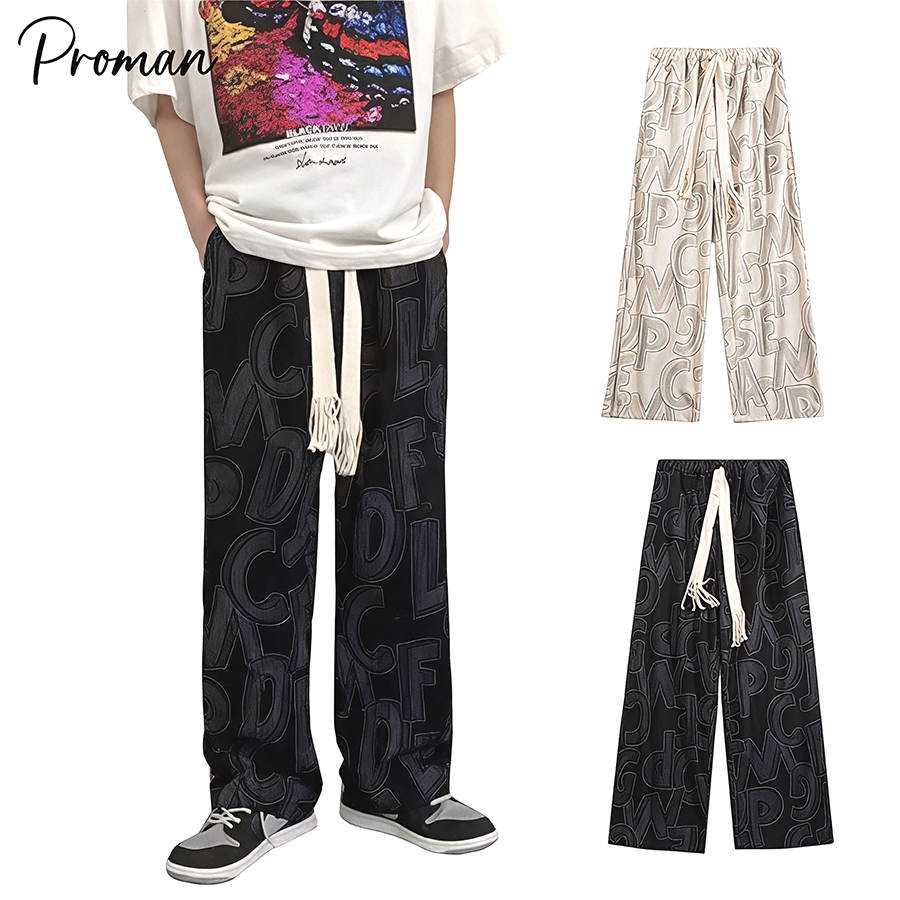 ⚡ProMan⚡กางเกงขายาวลำลองผู้ชาย  พิมพ์ลาย  ทำให้ดูผอมเพรียว  สไตล์อเมริกันวินเทจ  เอวยางยืด