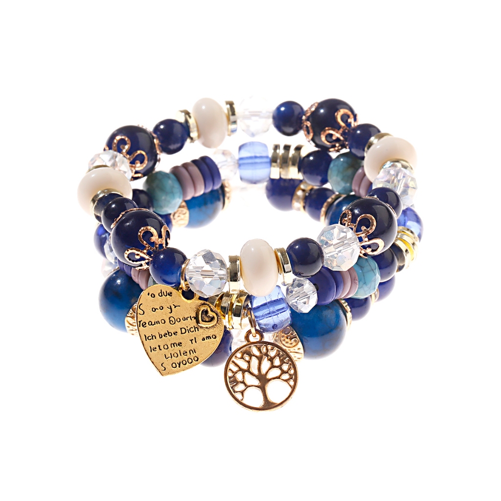 Boho Blue Beaded สร้อยข้อมือชุดผู้หญิงชาติพันธุ์สีทองจี้หัวใจ Charm สร้อยข้อมือและกําไลโยคะมิตรภาพเครื่องประดับ