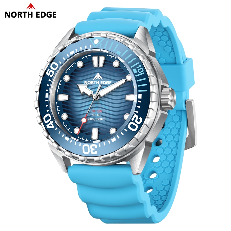 NORTH EDGE นาฬิกาผู้ชายดำน้ำ ตัวเรือ 316L สแตนเลส พลังงานแสงอาทิตย์ อายุแบตเตอรี่ 180 วัน หน้าจอ 46 มม. ควอตซ์หรู กันน้ำ 300M ขอบเซรามิก รุ่น TRITON