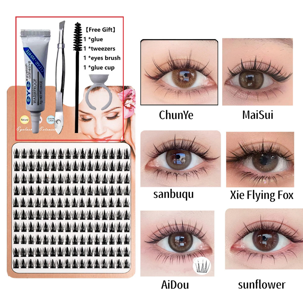 Gift แหนบกาว10 ชุดต่อขนตาแถวพร้อมกาวและแหนบ DIY ส่วนบุคคล Lash Clusters Eyelash Extension Kit, ธรรมชาติ, Soft Curling Long-lasting Eyelashes Extension