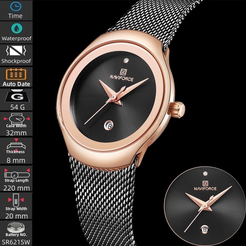 นาวีฟอร์ซ สตรีควอตซ์นาฬิกากันน้ําวันที่หรูหราสแตนเลสตาข่ายสายคล้องแฟชั่นสุภาพสตรีจอแสดงผลอะนาล็อกนาฬิกาข้อมือ