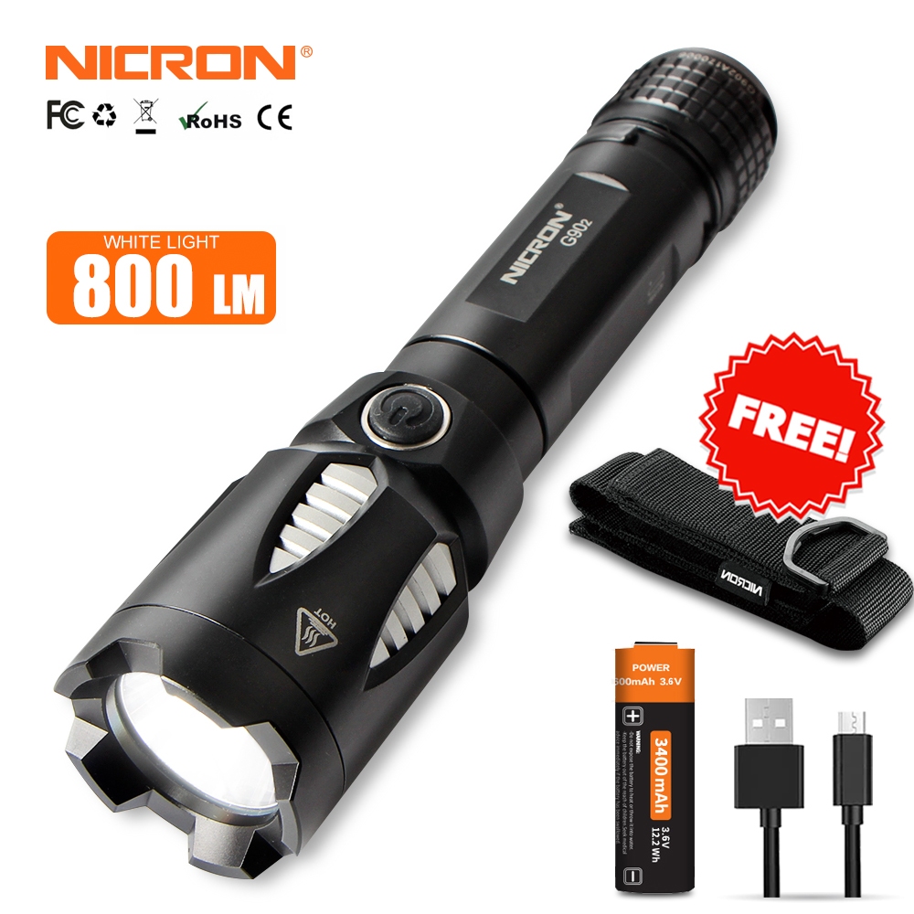 NICRON G90 800LM ไฟฉายแบบชาร์จไฟได้ 185 Beam ระยะทาง 8500cd ความเข้ม IPX4 กันน้ํา Zoomable ไฟฉาย Light