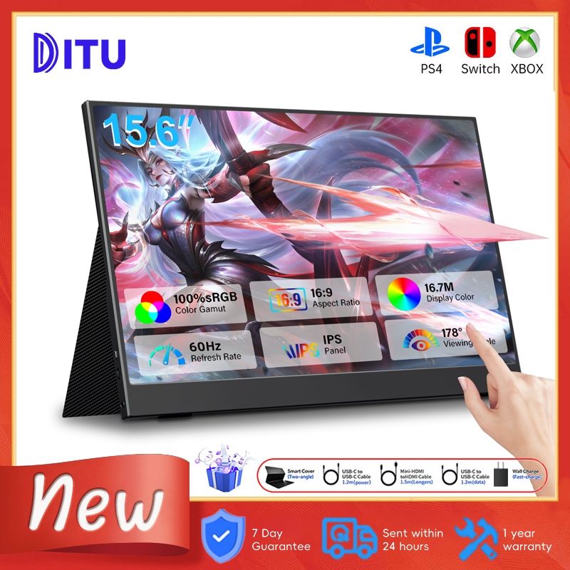 Ditu นิ้วจอคอมพิวเตอร์ 15.6 นิ้วหน้าจอสัมผัสจอภาพ 1080P FHD LCD Monitor HDMI Type-c จอพกพา  สําหรับโทรศัพท์แล็ปท็อปสวิทช์ PS3/4/5 Mini PC คอมพิวเตอร์ Xbox Portable monitor