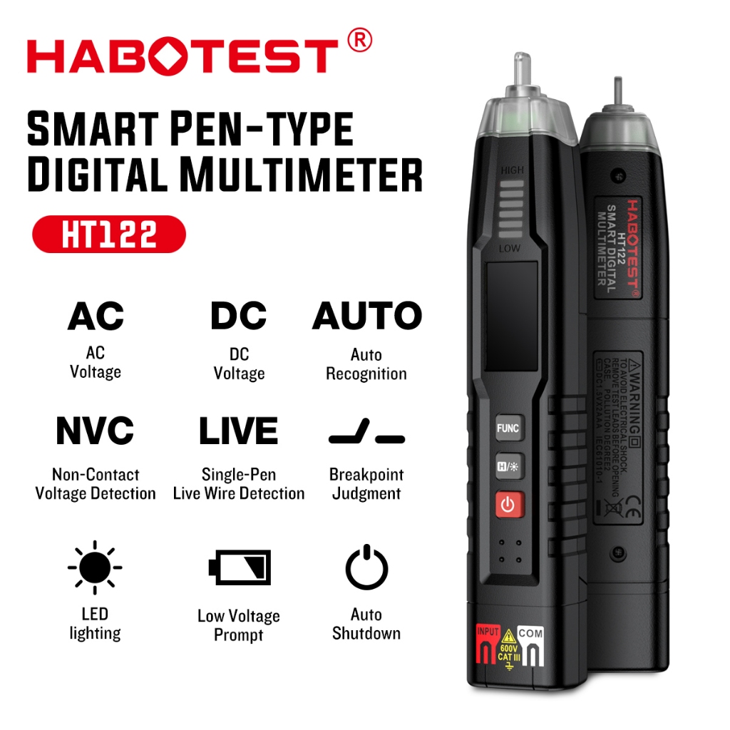 HABOTEST HT122 ปากกา อัจฉริยะ มัลติมิเตอร์ 600V AC/DC มัลติมิเตอร์ดิจิตอล 4000 การนับ มัลติมิเตอร์ NCV AC / DC ตรวจจับลําดับเฟสอัตโนมัติ