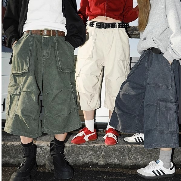 TIANLESIWEI American High Street Cotton Cropped Overalls Pants Straight Loose Leisure All-Matching