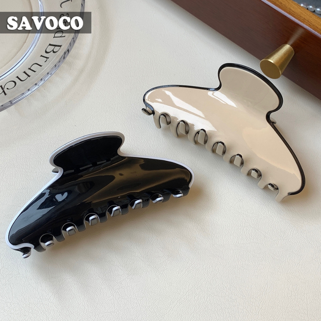 SAVOCO เกาหลีสีขาวสีดํา Simple Hair Claw คลิปแฟชั่น Elegant Shark Catch คลิป SC199
