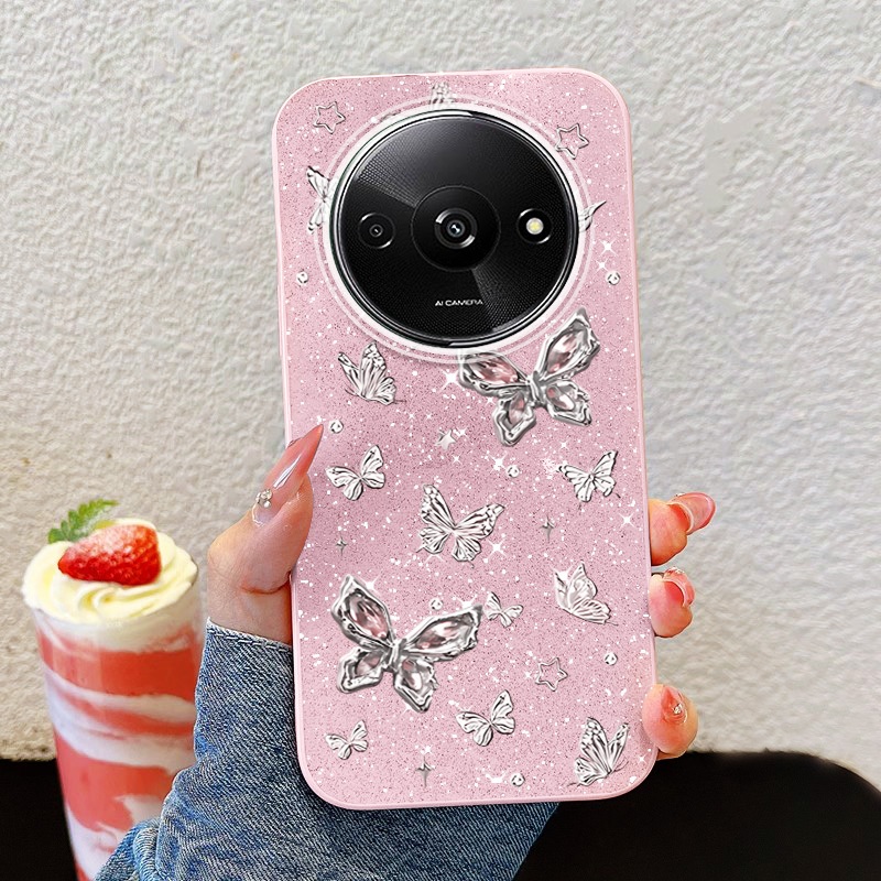 YBD INS เคสโทรศัพท์สําหรับ Redmi A3 4G A3X 4G Xiaomi Poco C61 4G เต็มหน้าจอผีเสื้อเงิน