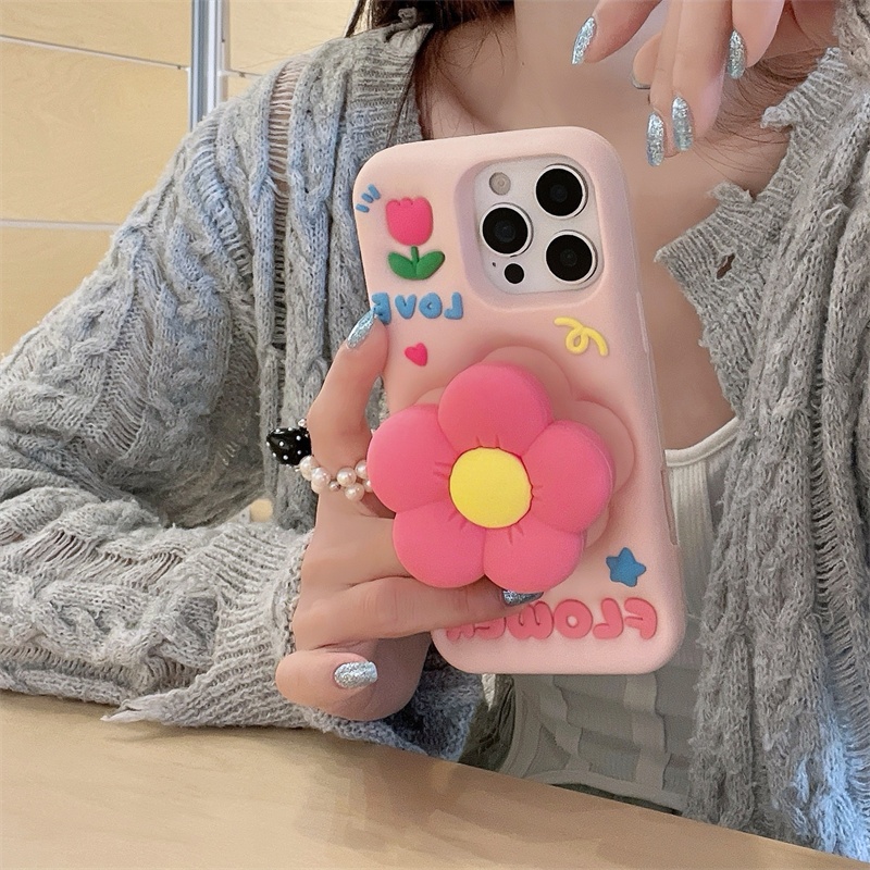 เกาหลีน่ารักการ์ตูนซิลิโคนดอกไม้สีชมพู กล้องส่องทางไกล ยืนเคสโทรศัพท์เข้ากันได้กับ ไอโฟน 11 16 15 14 13 12 มือโปร สูงสุด 7 8 บวก สินค้าใหม่ป้องกันการตกกรณีปิดห