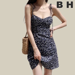 ชุดเดรสคอวี ลายดอกไม้ สีน้ําเงินกรมท่า สไตล์ฝรั่งเศสเรโทร สํ…