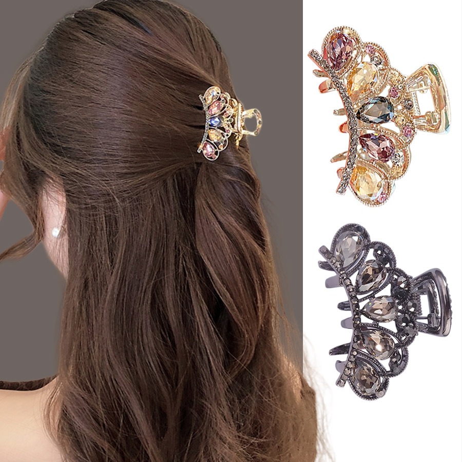 มงกุฎคริสตัลระดับไฮเอนด์ขนาดเล็กคว้าคลิปหญิงสไตล์ใหม่กิ๊บติดผมขนาดกลางด้านหลังหัวครึ่งผูกผมคลิปฉลาม