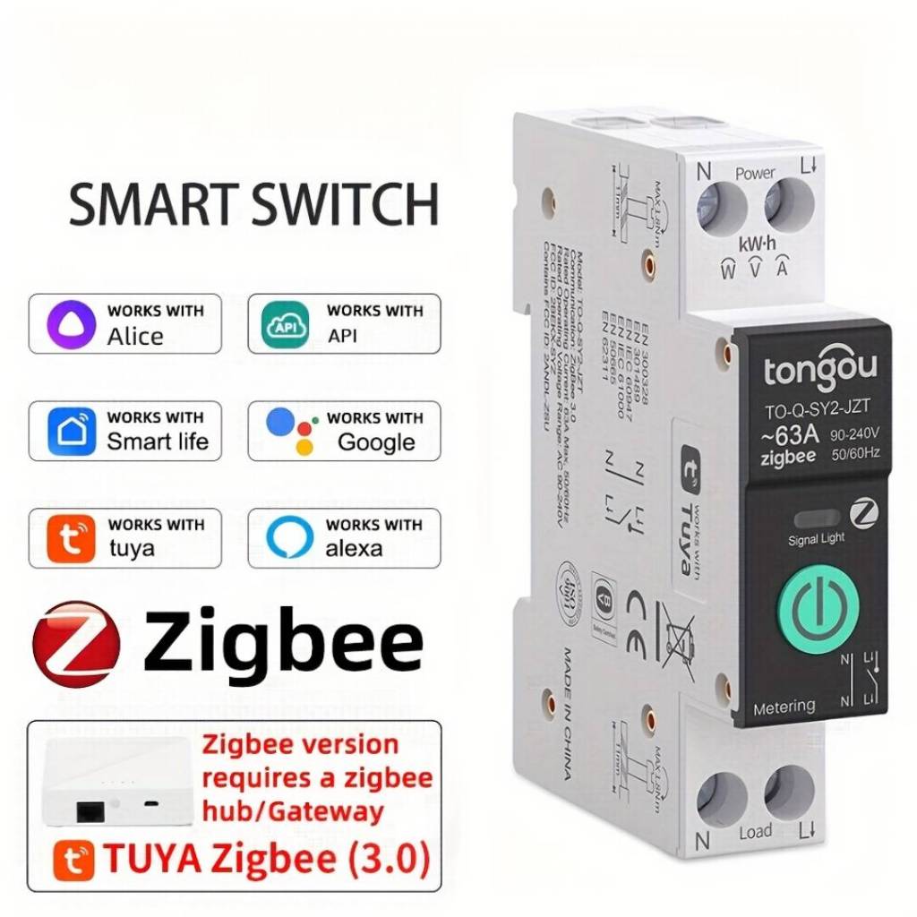 Zigbee สมาร์ทสวิตช์ circuit breaker 1P 1-63A ปรับพร้อมการบริโภคป้องกันแรงดันไฟฟ้าเกิน, ป้องกันการโอเวอร์โหลด, เข้ากันได้กับ Tuya/Smart Life APP