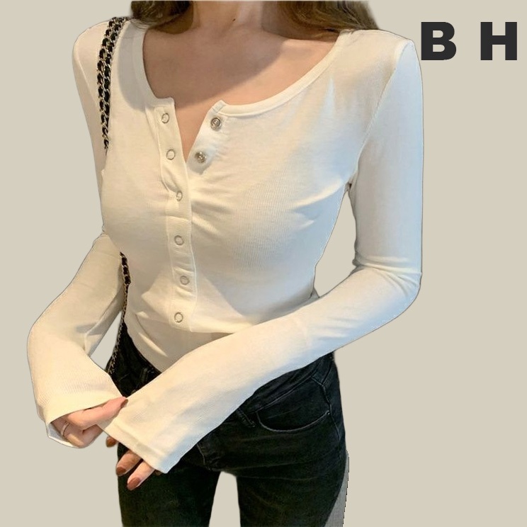 เสื้อยืดรัดรูปแขนยาว คอวีฝรั่งเศส สำหรับผู้หญิง ทรงเข้ารูป เหมาะสำหรับฤดูใบไม้ผลิ