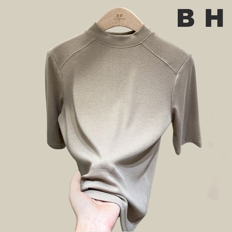 Bh ฤดูร้อนผู้หญิงคอตั้งผ้าฝ้ายเสื้อยืดกลางแขนสลิมฟิต