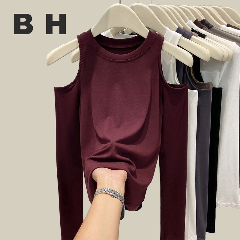 Bh เสื้อยืดแขนยาว คอกลม ผ้าฝ้าย เปิดไหล่ ทรงเข้ารูป สไตล์เกาหลี สําหรับผู้หญิง